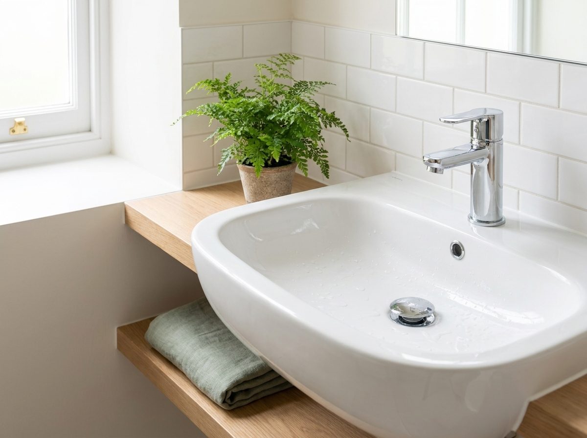 A spotless white basin and chrome tap with a folded sage green towel