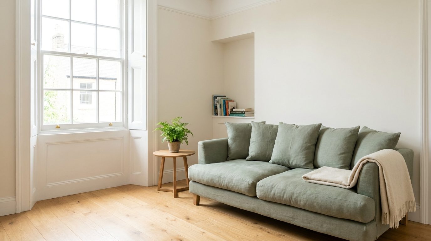 A bright, tidy living room with a sage green sofa by a sash window