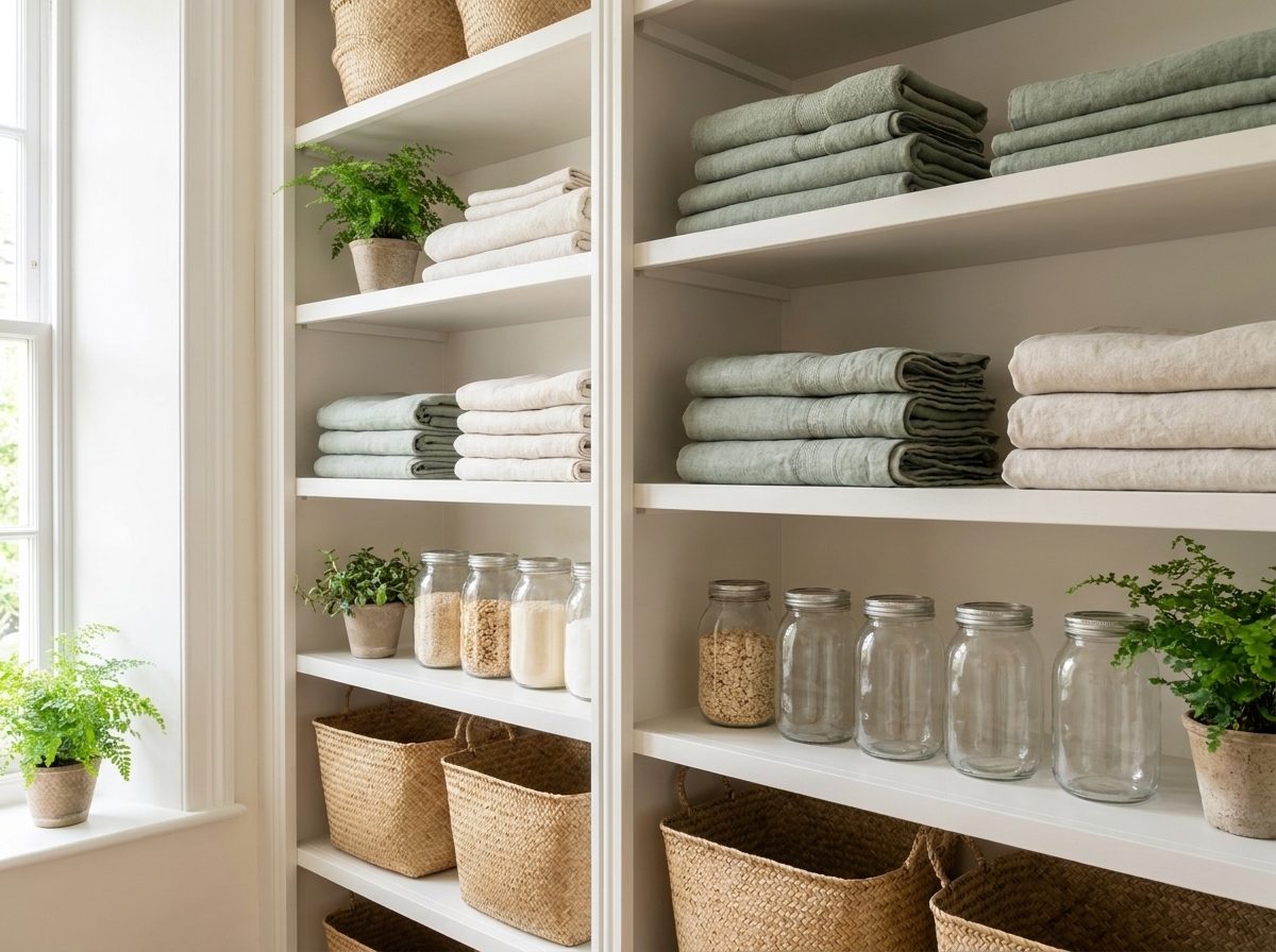 Neatly organised shelves of folded linen, jars and woven baskets